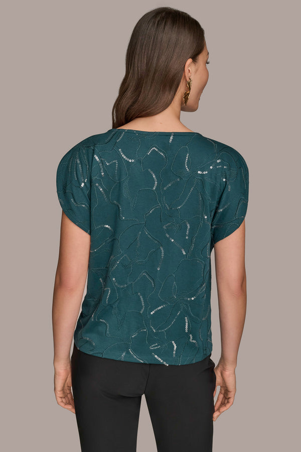 Donna Karan SEQUIN-EMBELLISHED EMBROIDERED DRAPED TOP HUDSON