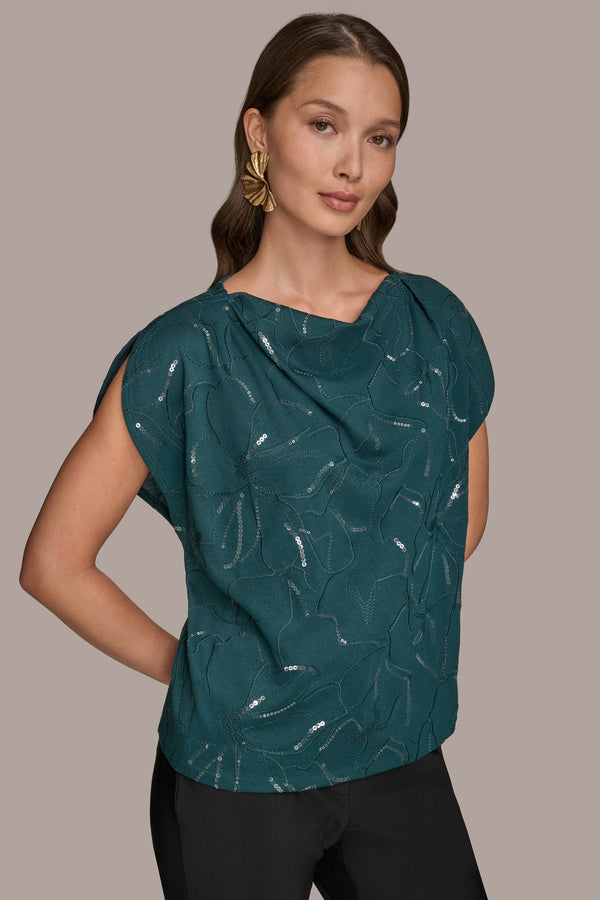 Donna Karan SEQUIN-EMBELLISHED EMBROIDERED DRAPED TOP HUDSON