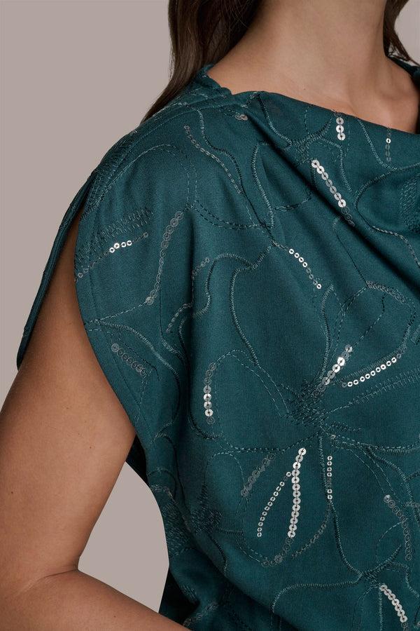 Donna Karan SEQUIN-EMBELLISHED EMBROIDERED DRAPED TOP HUDSON