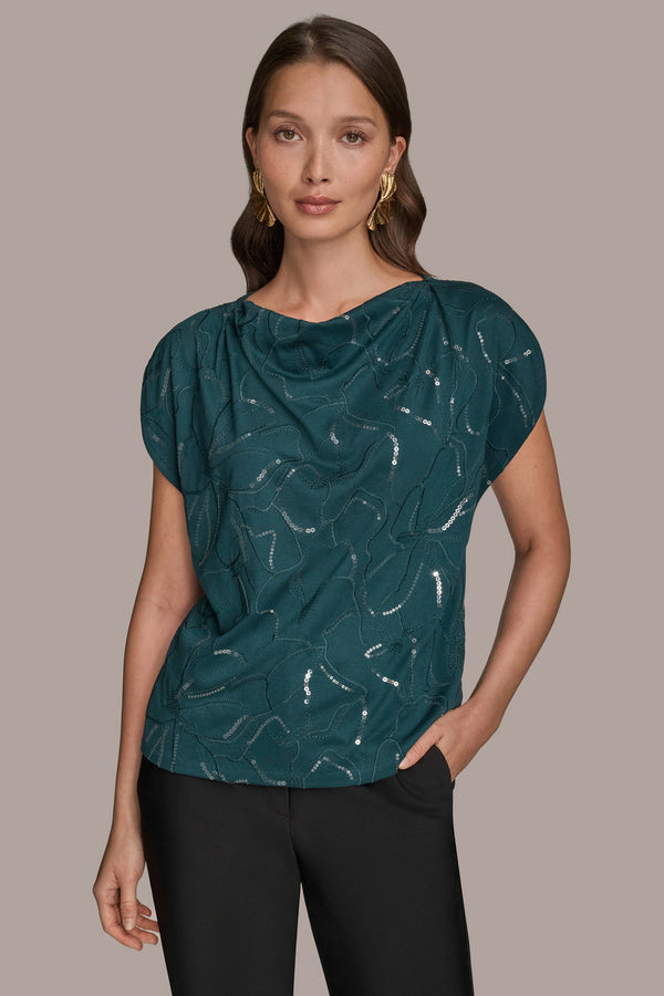 donna karan SEQUIN-EMBELLISHED EMBROIDERED DRAPED TOP HUDSON