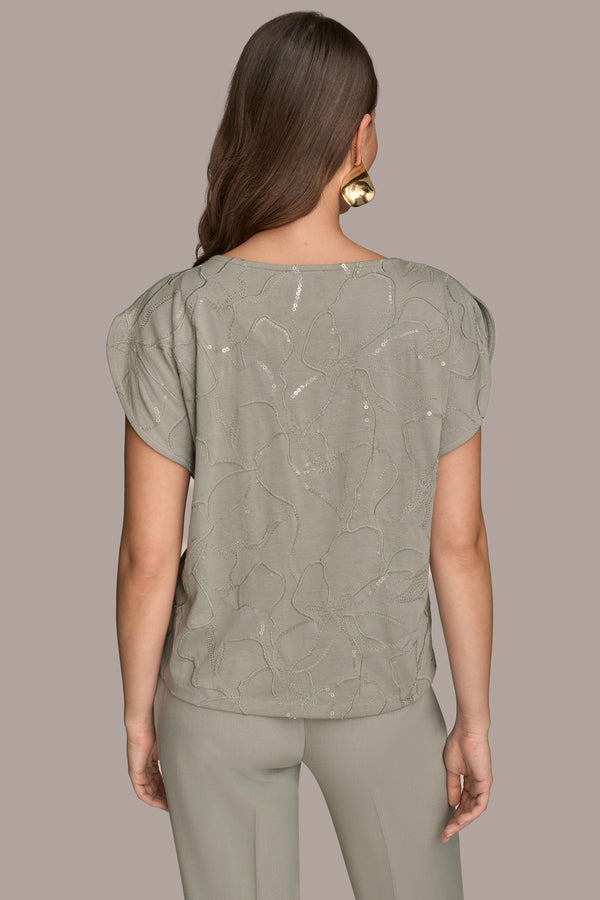 Donna Karan SEQUIN-EMBELLISHED EMBROIDERED DRAPED TOP WEATHERED SAGE