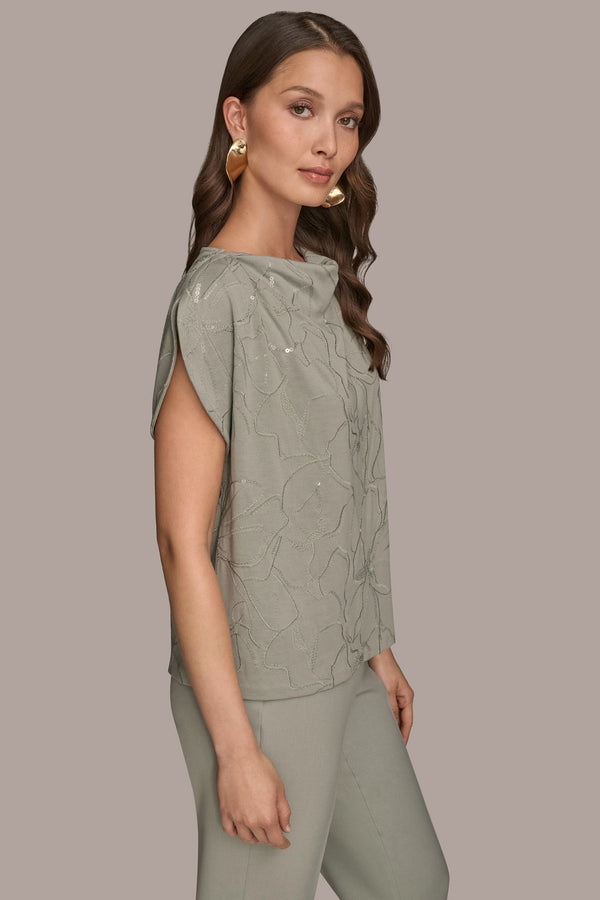 Donna Karan SEQUIN-EMBELLISHED EMBROIDERED DRAPED TOP WEATHERED SAGE