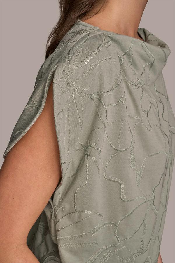 Donna Karan SEQUIN-EMBELLISHED EMBROIDERED DRAPED TOP WEATHERED SAGE