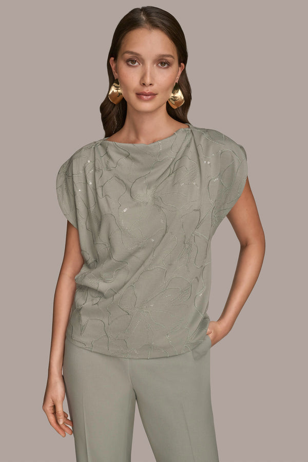 donna karan SEQUIN-EMBELLISHED EMBROIDERED DRAPED TOP WEATHERED SAGE