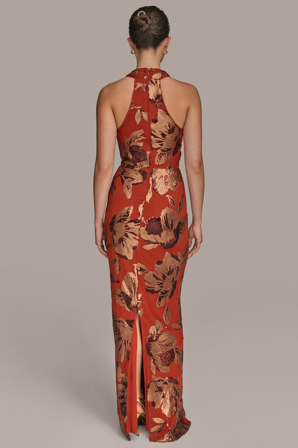 Donna Karan SEQUIN EMBELLISHED FLORAL HALTER GOWN Cinnamon/Copper