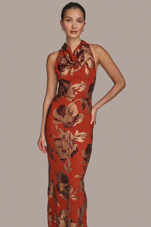 Donna Karan SEQUIN EMBELLISHED FLORAL HALTER GOWN Cinnamon/Copper
