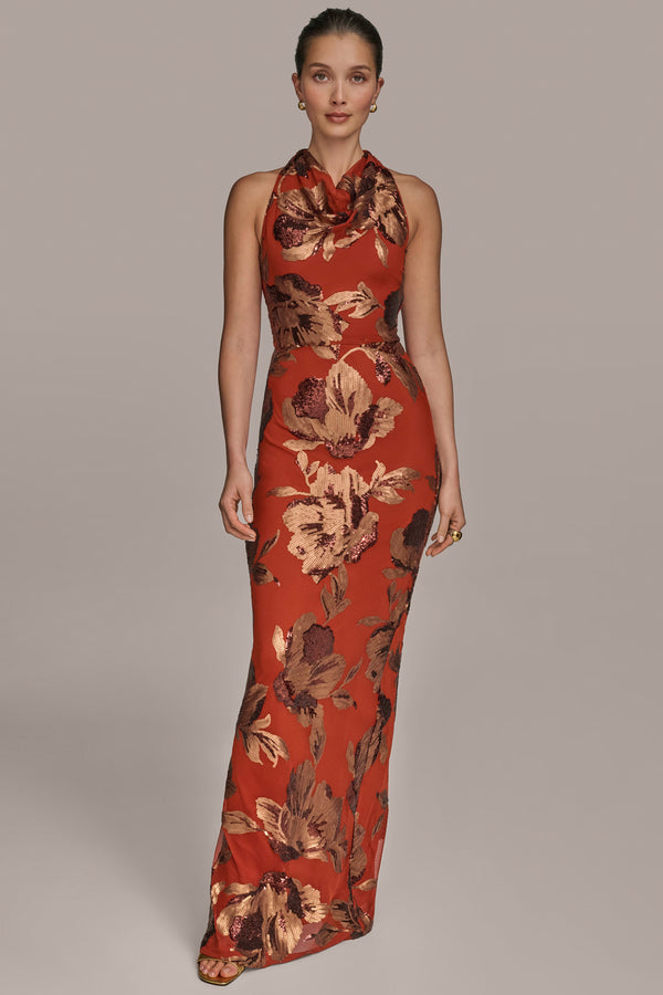 donna karan SEQUIN EMBELLISHED FLORAL HALTER GOWN Cinnamon/Copper