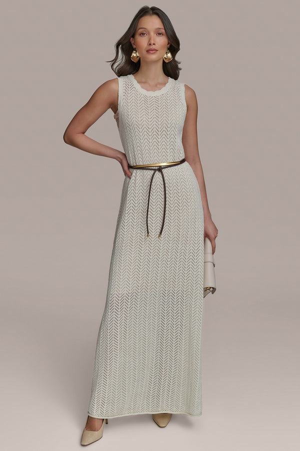 donna karan SHIMMERING COTTON-CROCHET MIDI DRESS CREAM/GOLD