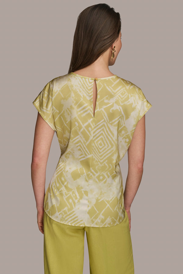 Donna Karan SHIRRED FLORAL TOP Scuffed Citron Multi