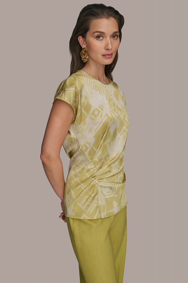 Donna Karan SHIRRED FLORAL TOP Scuffed Citron Multi