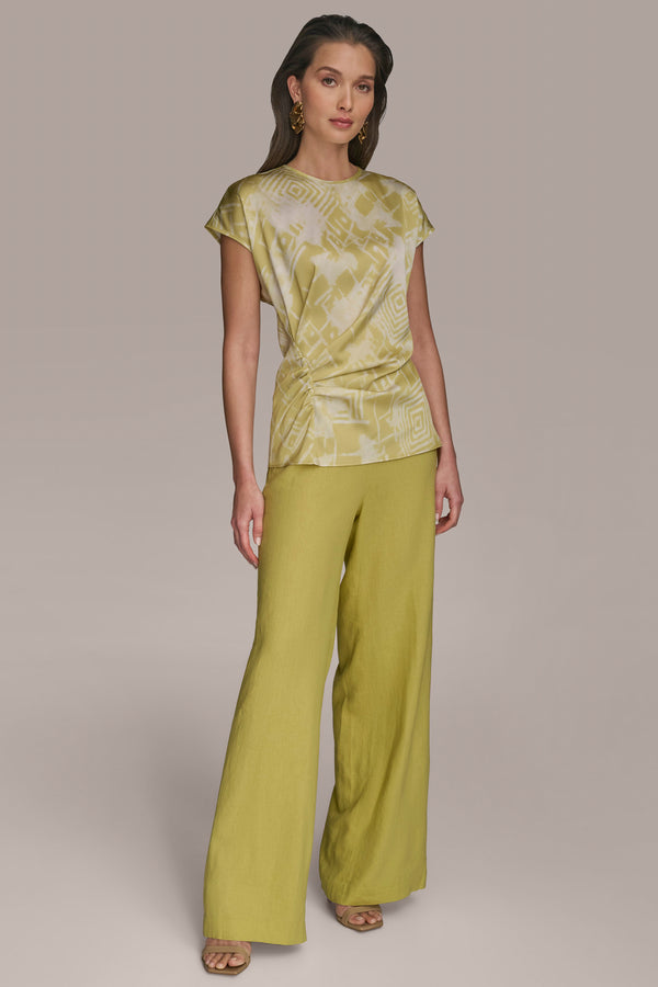 Donna Karan SHIRRED FLORAL TOP Scuffed Citron Multi