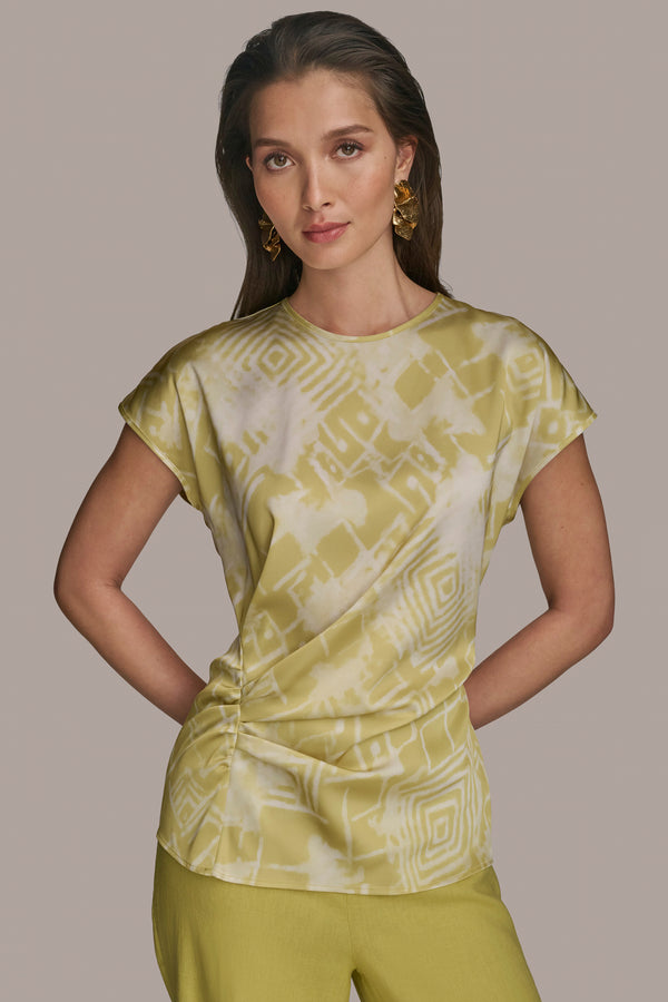 donna karan SHIRRED FLORAL TOP Scuffed Citron Multi