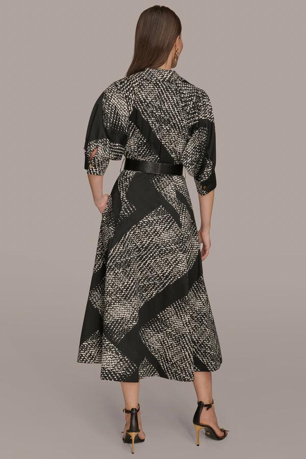 Donna Karan SHORT SLEEVE ABSTRACT BELTED MIDI SHIRT DRESS BLACK/CREAM