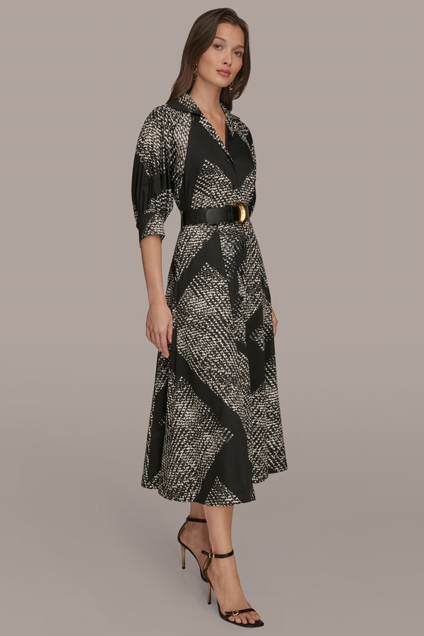Donna Karan SHORT SLEEVE ABSTRACT BELTED MIDI SHIRT DRESS BLACK/CREAM
