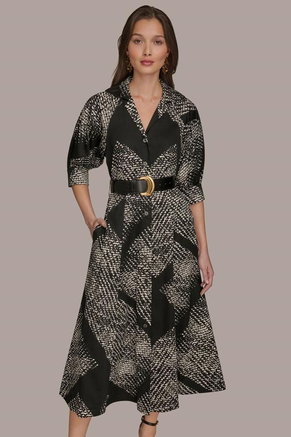 Donna Karan SHORT SLEEVE ABSTRACT BELTED MIDI SHIRT DRESS BLACK/CREAM
