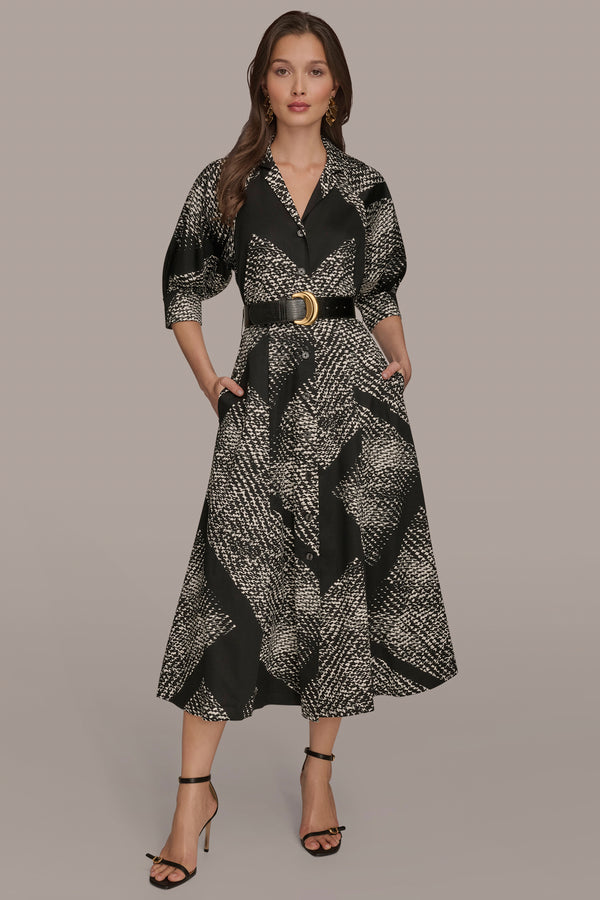 donna karan SHORT SLEEVE ABSTRACT BELTED MIDI SHIRT DRESS BLACK/CREAM