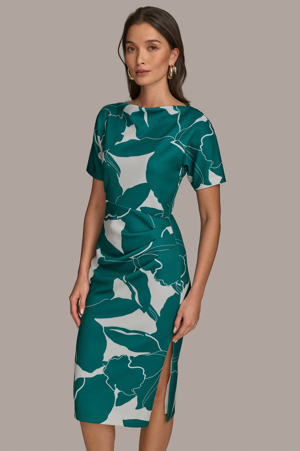 Donna Karan SHORT SLEEVE SCUBA MIDI SHEATH LAWN/CREAM