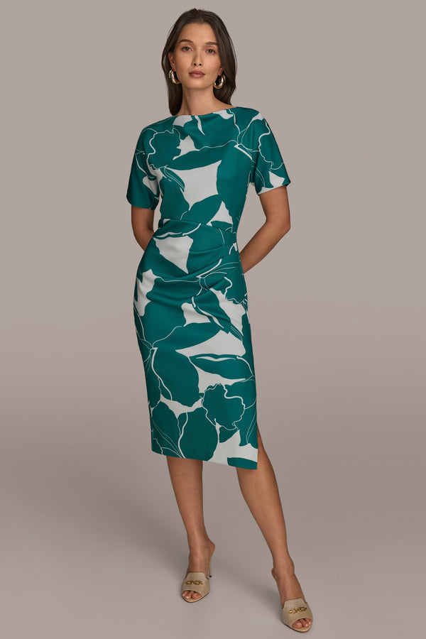 donna karan SHORT SLEEVE SCUBA MIDI SHEATH LAWN/CREAM