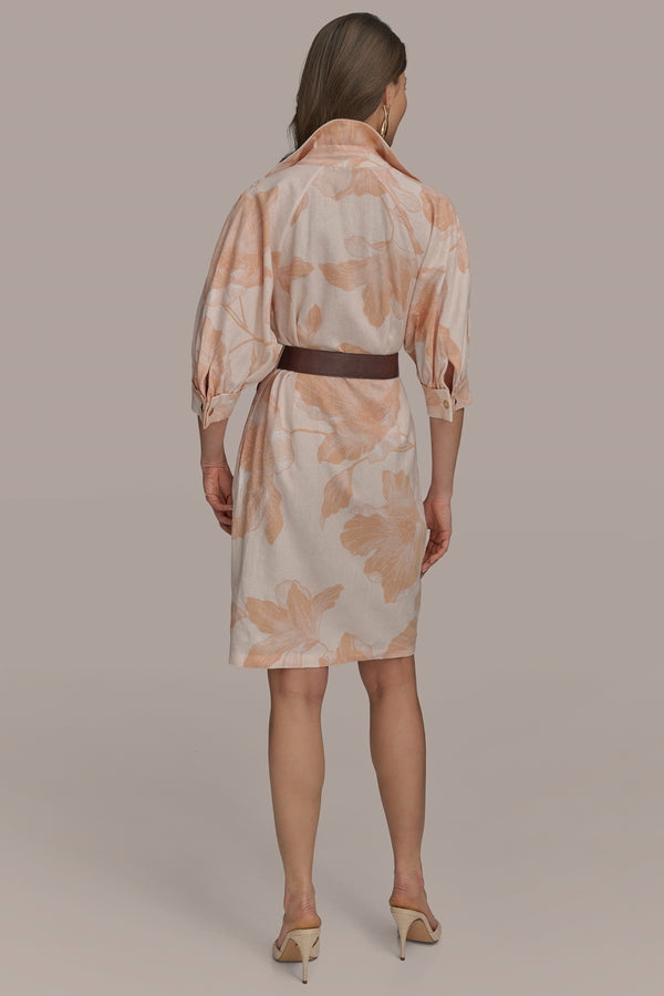 Donna Karan SHORT SLEEVE SHIRT DRESS WITH BELT SCALLOP SHELL/APRICOT MULTI