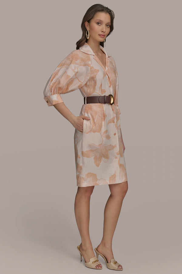 Donna Karan SHORT SLEEVE SHIRT DRESS WITH BELT SCALLOP SHELL/APRICOT MULTI