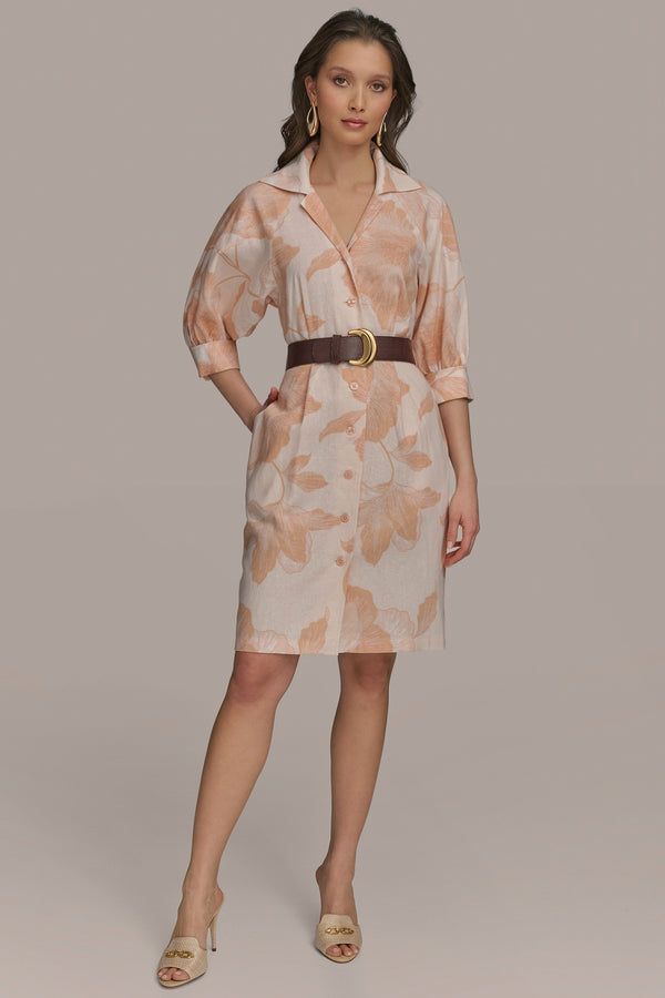 donna karan SHORT SLEEVE SHIRT DRESS WITH BELT SCALLOP SHELL/APRICOT MULTI