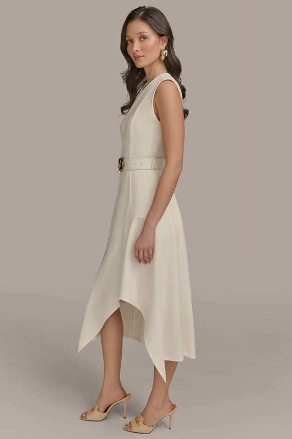 Donna Karan SLEEVELESS ASYMMETRICAL SKIRT A-LINE DRESS CREAM