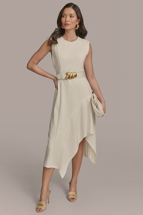 Donna Karan SLEEVELESS ASYMMETRICAL SKIRT A-LINE DRESS CREAM
