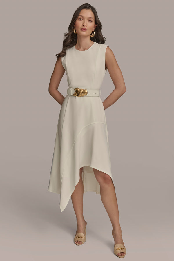 donna karan SLEEVELESS ASYMMETRICAL SKIRT A-LINE DRESS CREAM