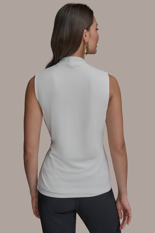 Donna Karan SLEEVELESS FAUX WRAP V-NECK WITH HARDWARE CREAM