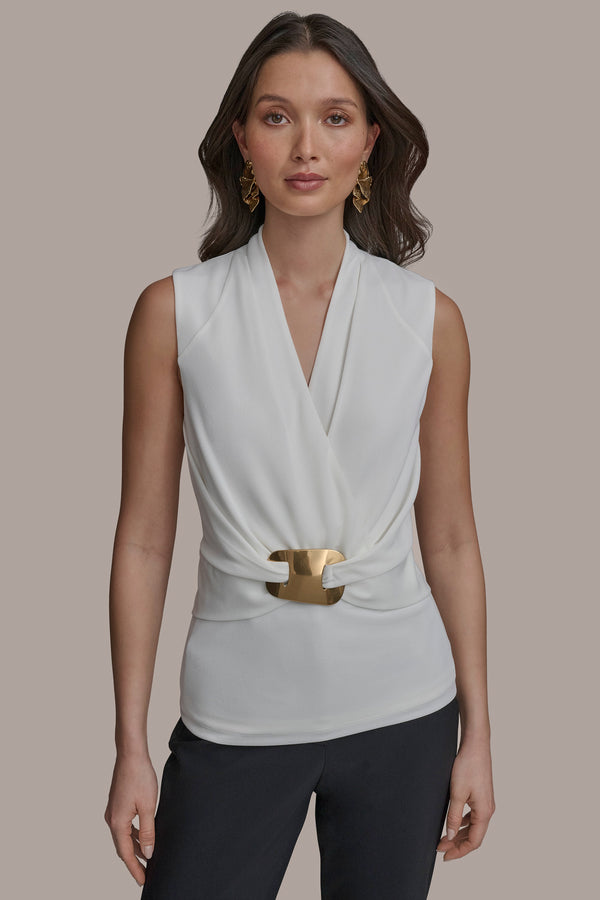 donna karan SLEEVELESS FAUX WRAP V-NECK WITH HARDWARE CREAM