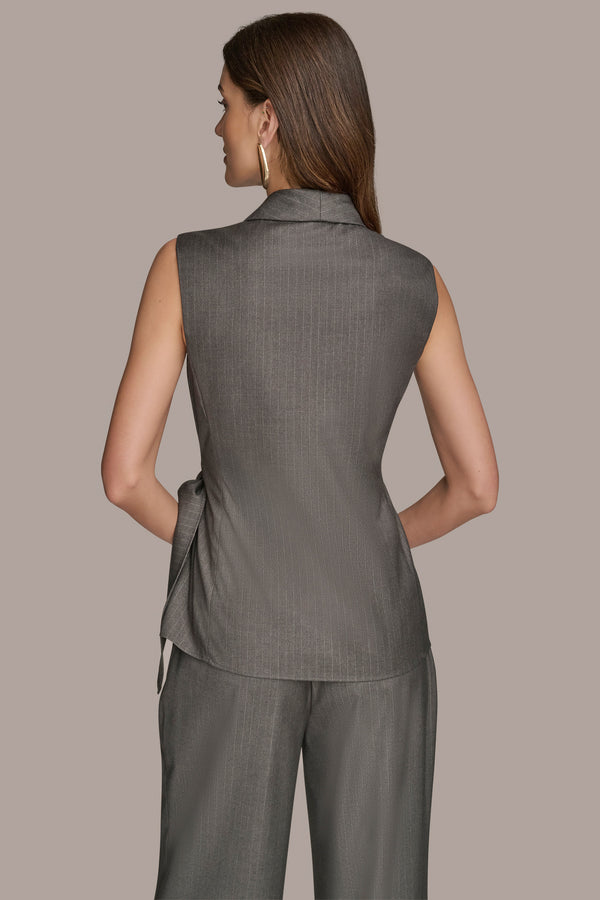 Donna Karan SLEEVELESS PINSTRIPE WRAP VEST DARK MINERAL