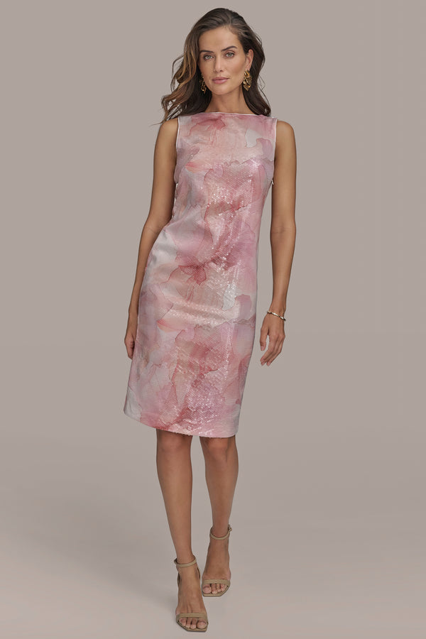 donna karan SLEEVELESS SEQUIN SHEATH DRESS APRICOT MULTI