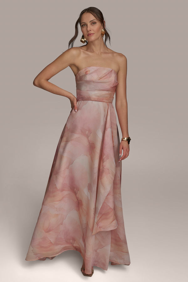 Donna Karan STRAPLESS DRAPED ORGANZA BALL GOWN APRICOT MULTI