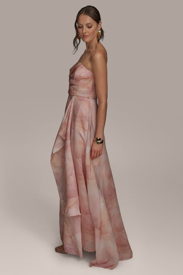 Donna Karan STRAPLESS DRAPED ORGANZA BALL GOWN APRICOT MULTI