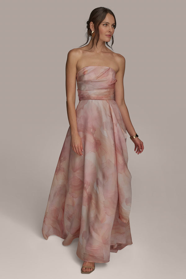 donna karan STRAPLESS DRAPED ORGANZA BALL GOWN APRICOT MULTI