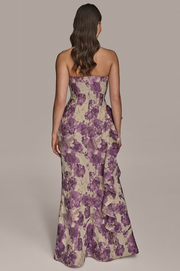 Donna Karan STRAPLESS RUFFLED FLORAL BROCADE GOWN Wisteria Multi