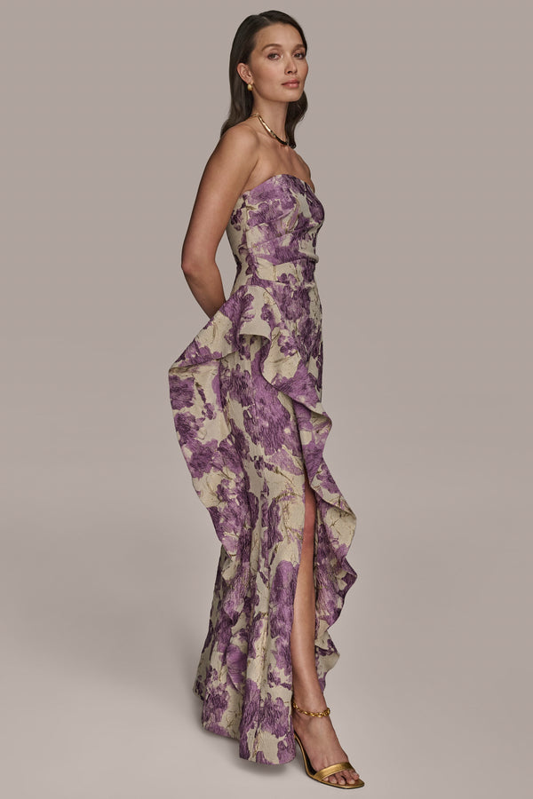 Donna Karan STRAPLESS RUFFLED FLORAL BROCADE GOWN Wisteria Multi
