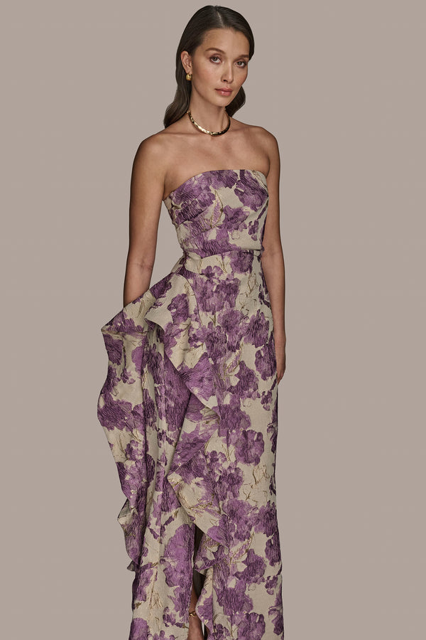 Donna Karan STRAPLESS RUFFLED FLORAL BROCADE GOWN Wisteria Multi