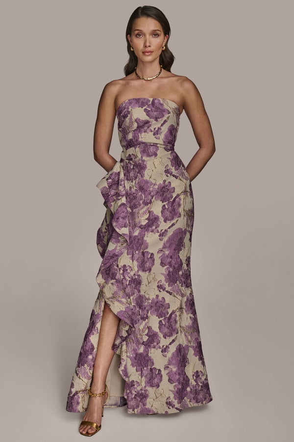 donna karan STRAPLESS RUFFLED FLORAL BROCADE GOWN Wisteria Multi