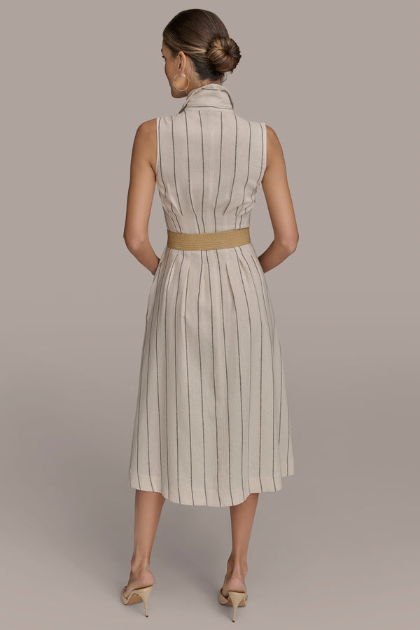 Donna Karan STRIPED LINEN-BLEND MIDI DRESS Sand/Ink