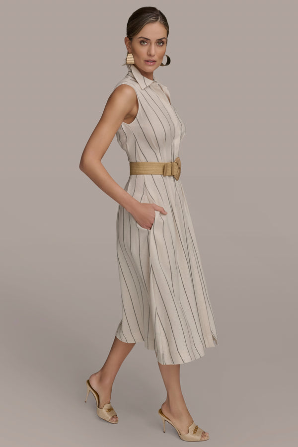 Donna Karan STRIPED LINEN-BLEND MIDI DRESS Sand/Ink
