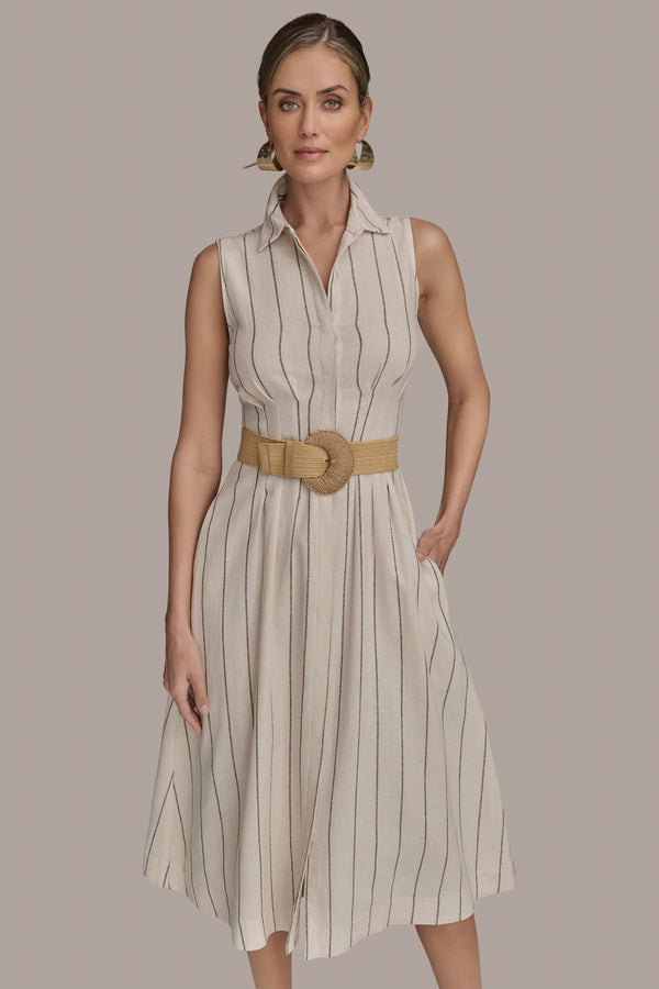 Donna Karan STRIPED LINEN-BLEND MIDI DRESS Sand/Ink