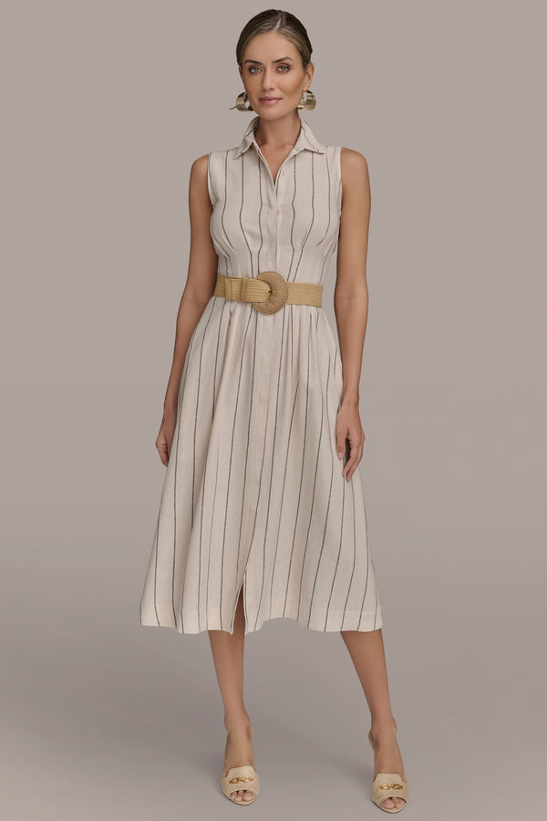 donna karan STRIPED LINEN-BLEND MIDI DRESS Sand/Ink