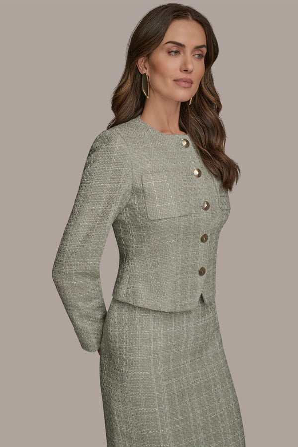 Donna Karan TWEED BUTTON-FRONT LADY JACKET WEATHERED SAGE