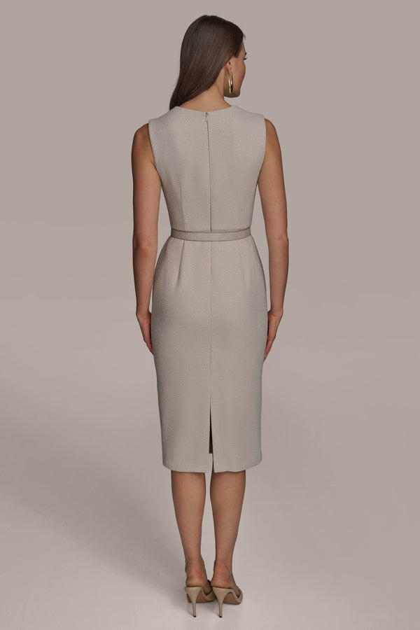 Donna Karan TWEED SQUARE NECK MIDI DRESS WITH BELT DARK CLAY/CREAM