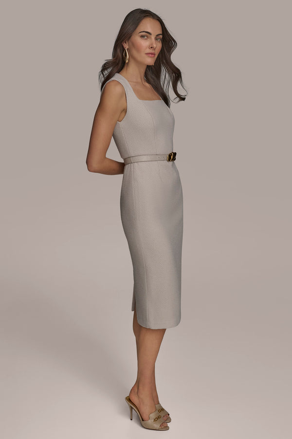 Donna Karan TWEED SQUARE NECK MIDI DRESS WITH BELT DARK CLAY/CREAM