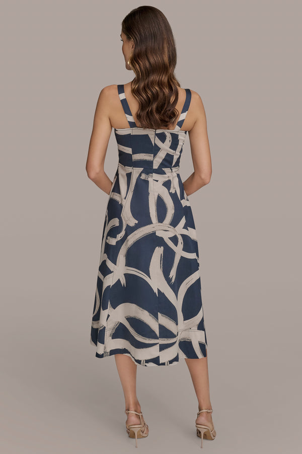 Donna Karan TWO-TONE ABSTRACT PRINT MIDI DRESS Tide/Sand
