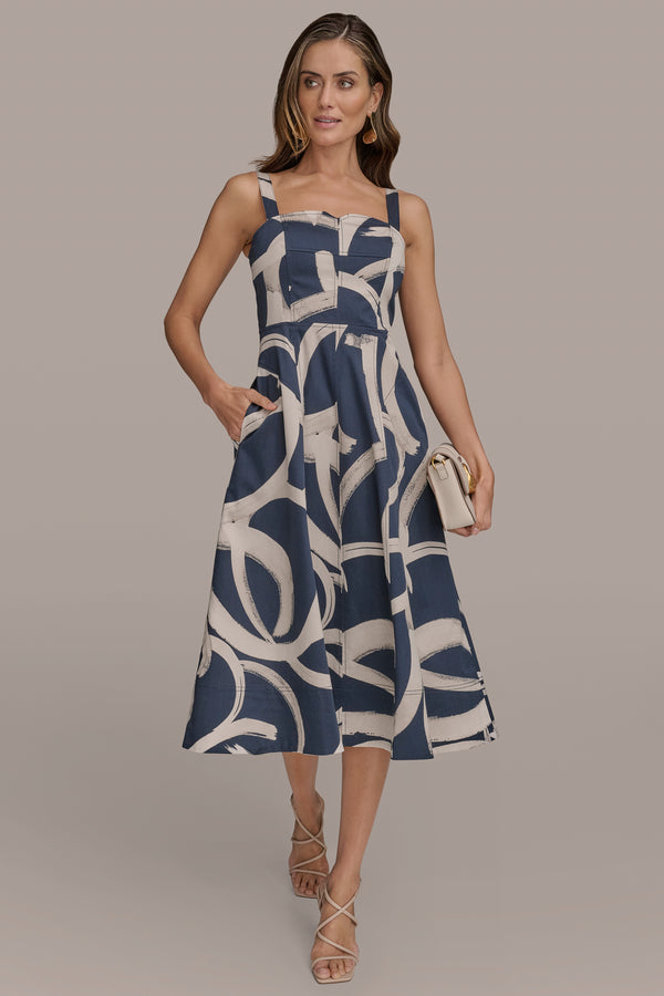 Donna Karan TWO-TONE ABSTRACT PRINT MIDI DRESS Tide/Sand