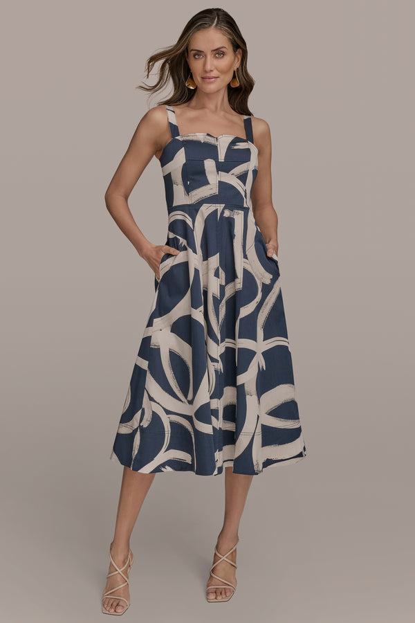donna karan TWO-TONE ABSTRACT PRINT MIDI DRESS Tide/Sand