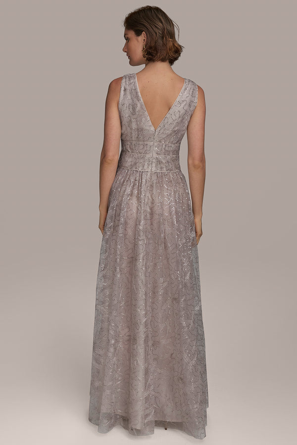 Donna Karan V NECK EMBROIDERED TULLE BALL GOWN SISAL